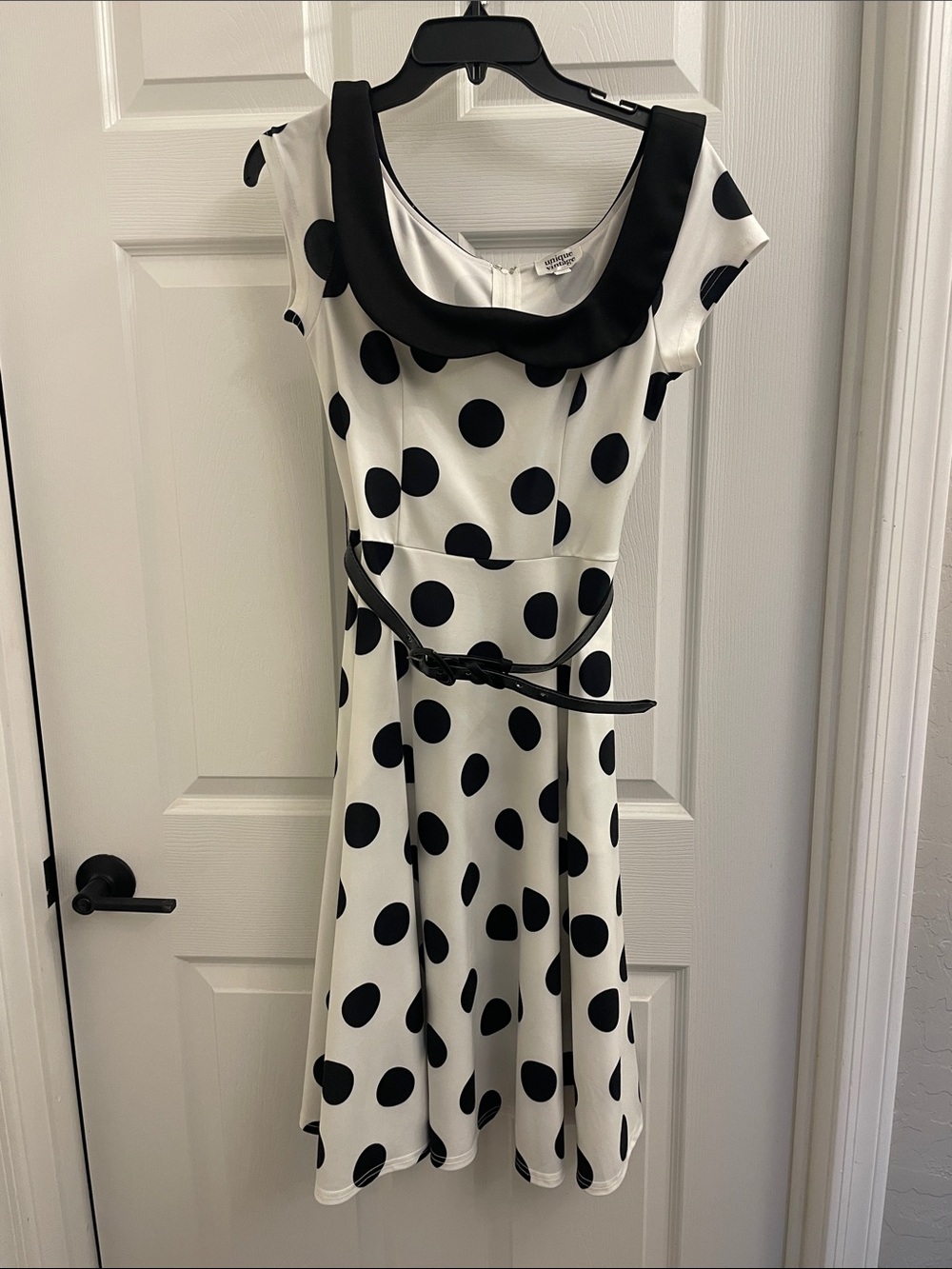 Unique Vintage Black & White Polka Dot Fit-and-Flare Dress with Contrast Collar